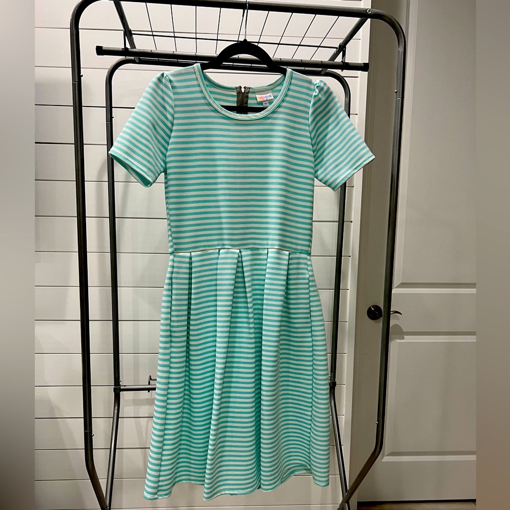 LulaRoe Amelia. Teal and white stripe. EUC